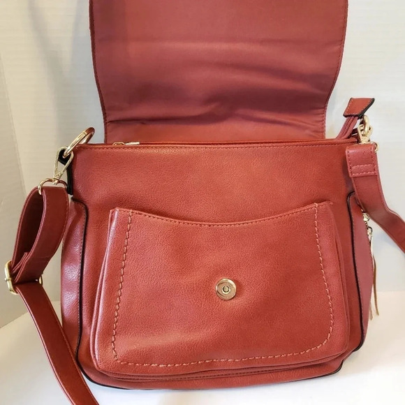 Cleo Orange/Brown Fold-Over Tassel Saddle Bag/Crossbody Medium Bag. - Picture 3 of 11